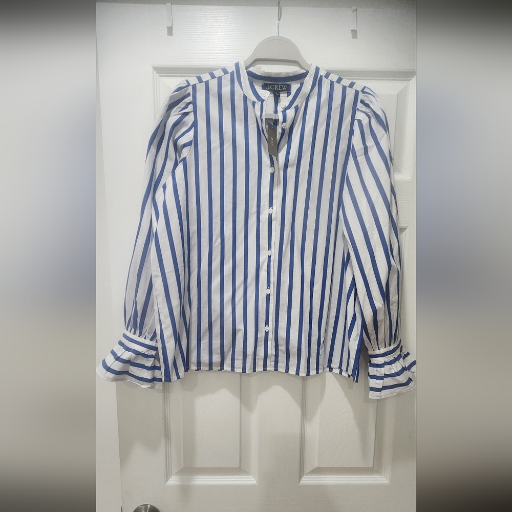 Blue and White Striped Button-Up Blouse